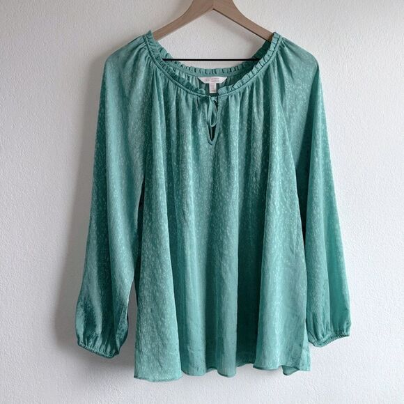 LC Lauren Conrad Satin Green Floral Balloon Sleeve Peasant Blouse Top Plus Sz 1x - Picture 2 of 12